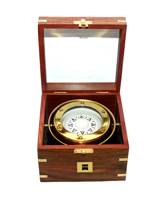 Jumbo Vintage Gimble Brass Compass In Teak Wood Box